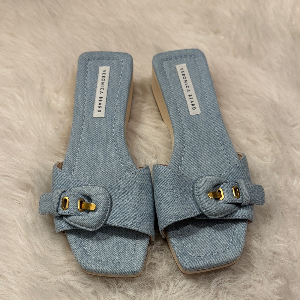 Veronica Beard Denim Mules with Wooden Heel Clog Slide Sandals Size 7 NWOT. - Picture 3 of 10